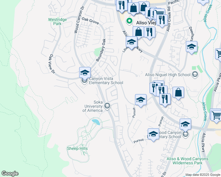 map of restaurants, bars, coffee shops, grocery stores, and more near 14 Sherwood Drive in Aliso Viejo