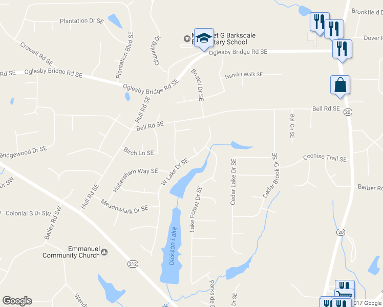 map of restaurants, bars, coffee shops, grocery stores, and more near 4791 Wyndale Circle Southeast in Conyers