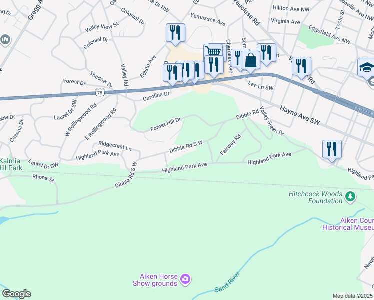 map of restaurants, bars, coffee shops, grocery stores, and more near 1445 State Highway 225 in Aiken