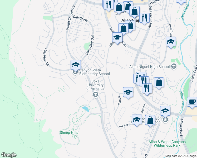 map of restaurants, bars, coffee shops, grocery stores, and more near 14 Sherwood Drive in Aliso Viejo