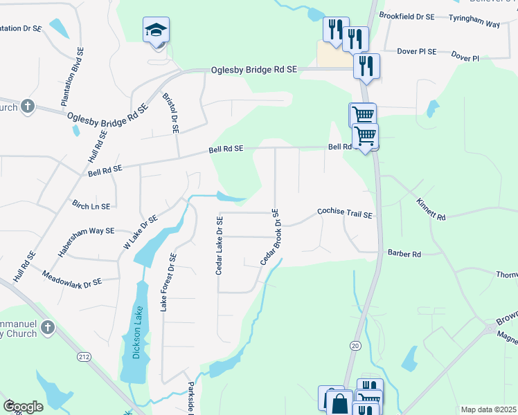 map of restaurants, bars, coffee shops, grocery stores, and more near 816 Cedar Lake Drive Southeast in Conyers