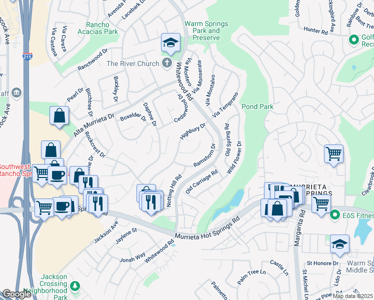 map of restaurants, bars, coffee shops, grocery stores, and more near 25725 London Court in Murrieta