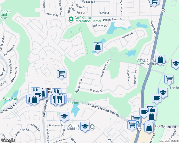 map of restaurants, bars, coffee shops, grocery stores, and more near 29188 Woodbridge Drive in Murrieta