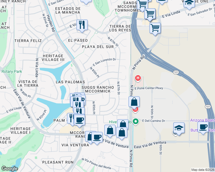 map of restaurants, bars, coffee shops, grocery stores, and more near 8601 East San Felipe Drive in Scottsdale