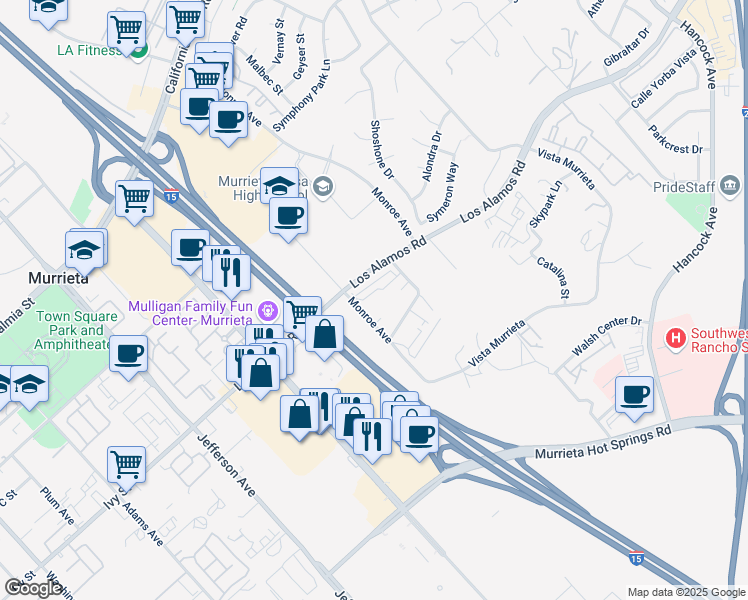 map of restaurants, bars, coffee shops, grocery stores, and more near 40920 Los Alamos Road in Murrieta