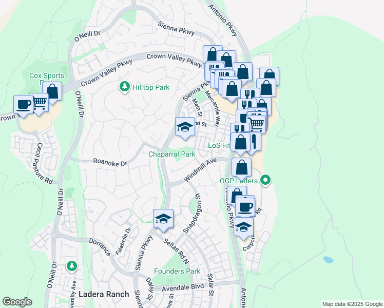 map of restaurants, bars, coffee shops, grocery stores, and more near 29001 Sienna Parkway in Ladera Ranch