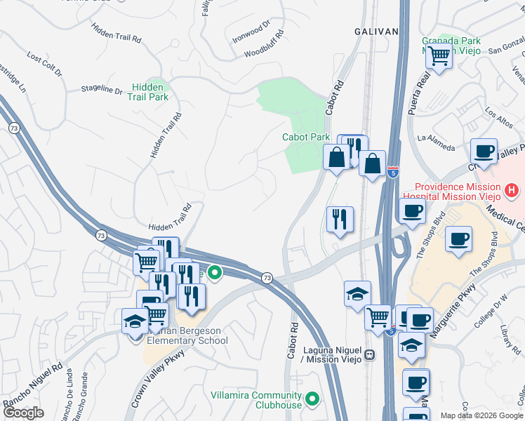 map of restaurants, bars, coffee shops, grocery stores, and more near 27671 Deputy Circle in Laguna Hills