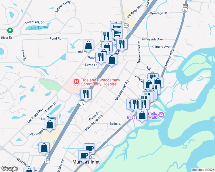 map of restaurants, bars, coffee shops, grocery stores, and more near 3758 Norma Lane in Murrells Inlet
