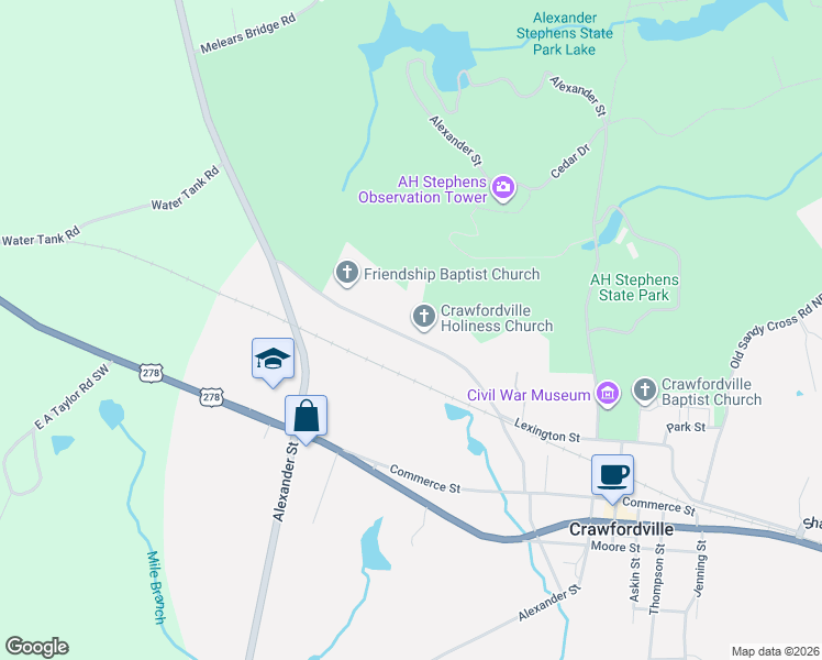 map of restaurants, bars, coffee shops, grocery stores, and more near 408 Martin Luther King Junior Drive Northwest in Crawfordville