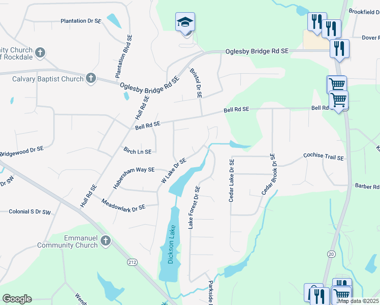 map of restaurants, bars, coffee shops, grocery stores, and more near 4791 Wyndale Circle Southeast in Conyers