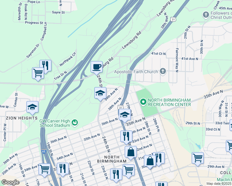 map of restaurants, bars, coffee shops, grocery stores, and more near 2462 39th Avenue North in Birmingham