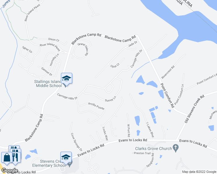 map of restaurants, bars, coffee shops, grocery stores, and more near 5802 Carriage Hills Drive in Martinez