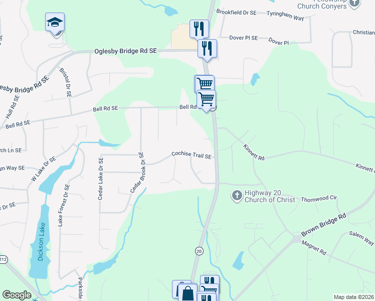 map of restaurants, bars, coffee shops, grocery stores, and more near 898 Cochise Trail Southeast in Conyers
