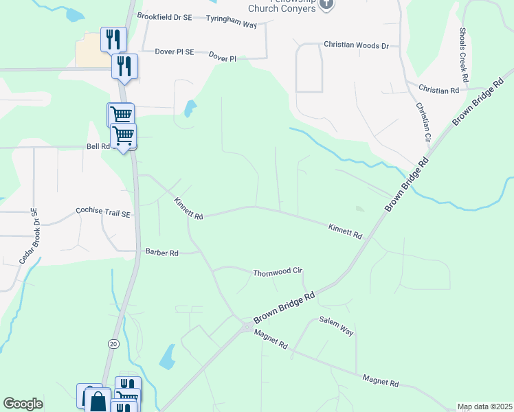 map of restaurants, bars, coffee shops, grocery stores, and more near 1140 Kinnett Road in Covington