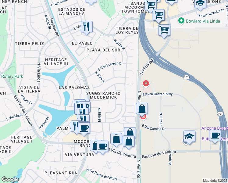 map of restaurants, bars, coffee shops, grocery stores, and more near 8601 East San Felipe Drive in Scottsdale