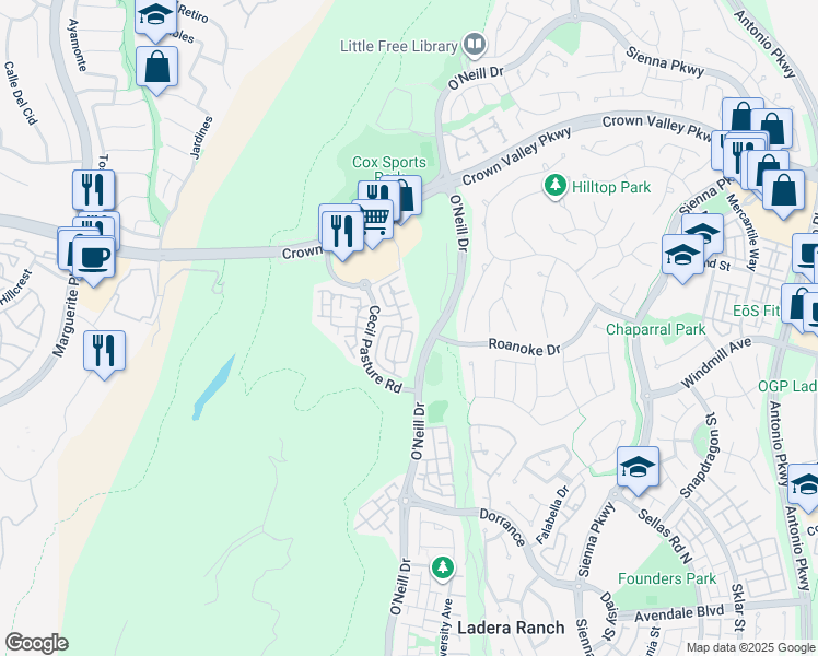 map of restaurants, bars, coffee shops, grocery stores, and more near 38 Livingston Place in Ladera Ranch
