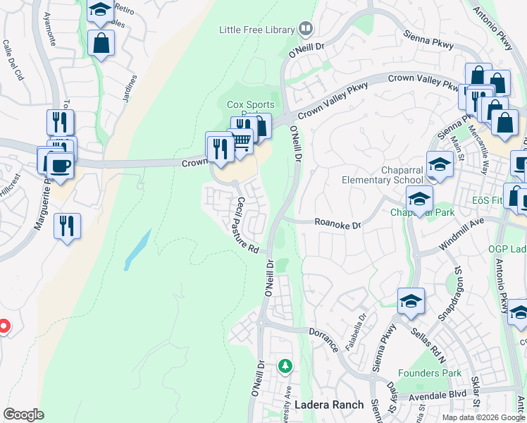 map of restaurants, bars, coffee shops, grocery stores, and more near 54 Livingston Place in Ladera Ranch