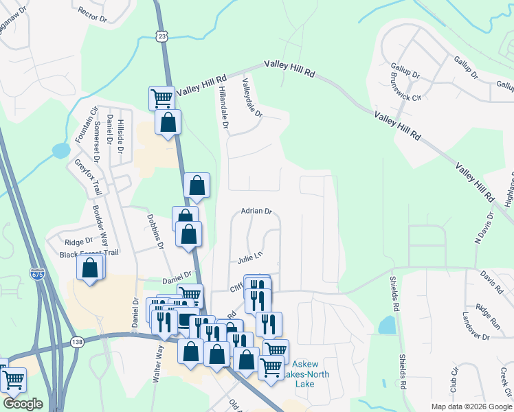 map of restaurants, bars, coffee shops, grocery stores, and more near 440 Grove Hill Drive in Stockbridge