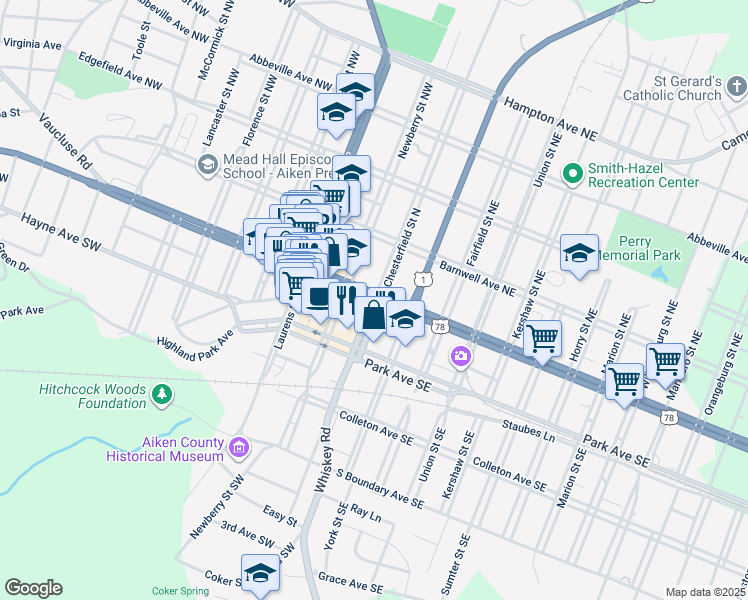 map of restaurants, bars, coffee shops, grocery stores, and more near in Aiken