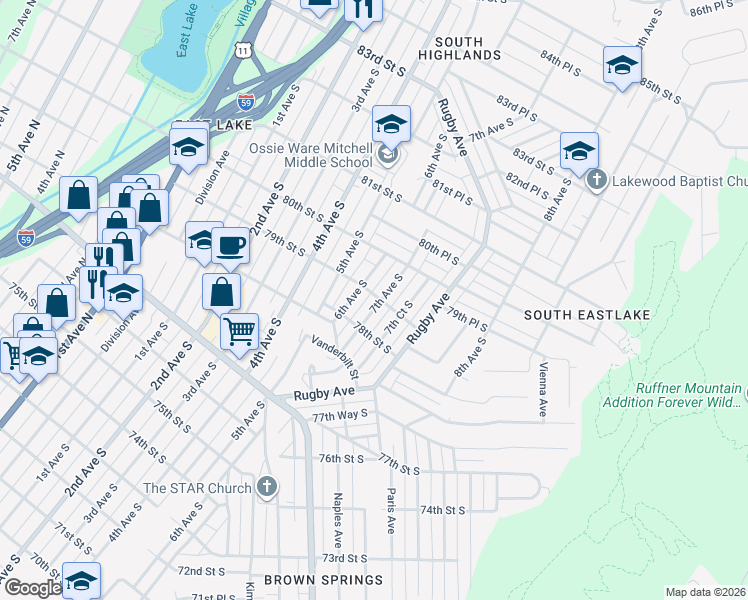 map of restaurants, bars, coffee shops, grocery stores, and more near 616 79th Street South in Birmingham