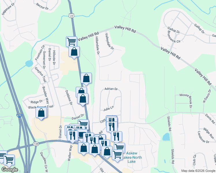 map of restaurants, bars, coffee shops, grocery stores, and more near 153 Adrian Drive in Stockbridge