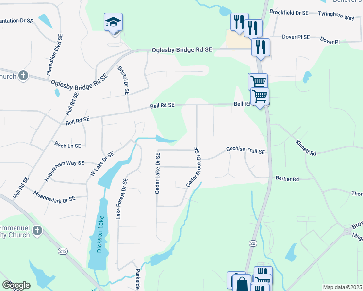 map of restaurants, bars, coffee shops, grocery stores, and more near 812 Cedar Lake Drive Southeast in Conyers