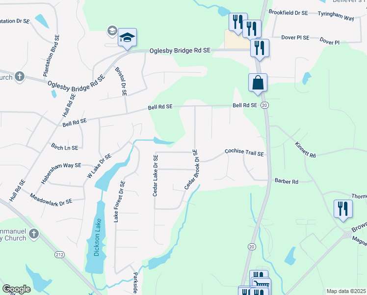 map of restaurants, bars, coffee shops, grocery stores, and more near 812 Cedar Lake Drive Southeast in Conyers