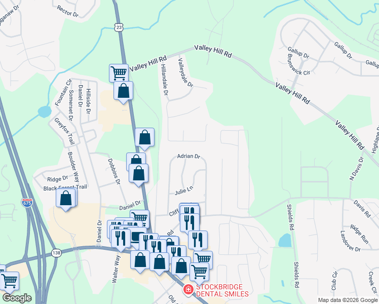 map of restaurants, bars, coffee shops, grocery stores, and more near 440 Grove Hill Drive in Stockbridge