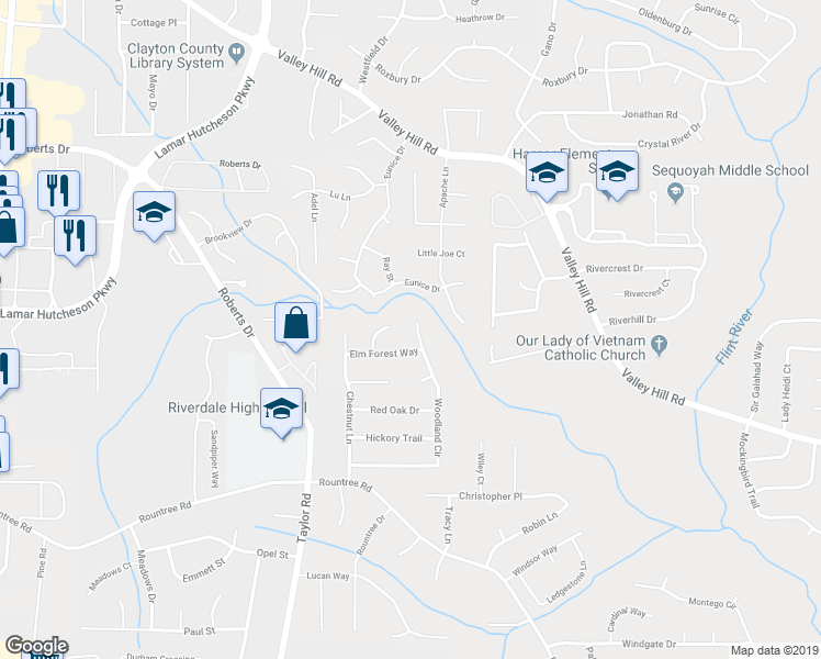 map of restaurants, bars, coffee shops, grocery stores, and more near 7115 Woodland Circle in Riverdale