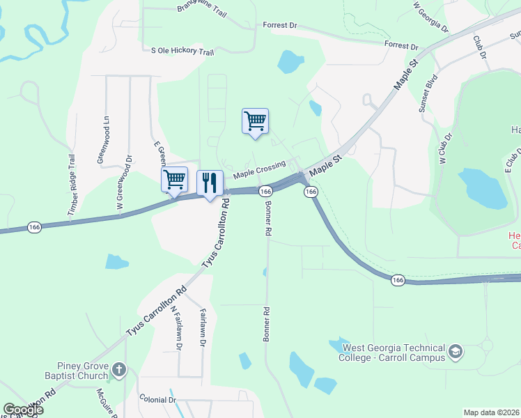 map of restaurants, bars, coffee shops, grocery stores, and more near 101 Bonner Road in Carrollton