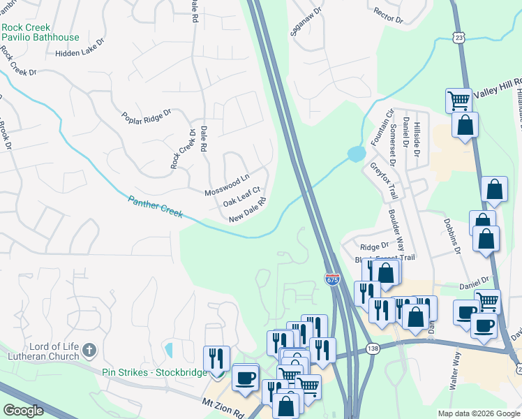 map of restaurants, bars, coffee shops, grocery stores, and more near 7192 New Dale Road in Rex