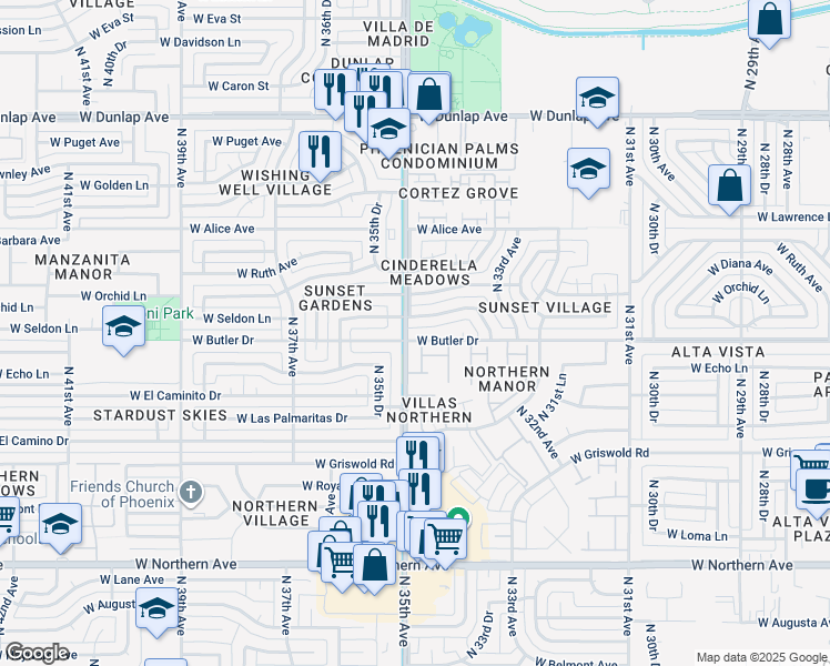 map of restaurants, bars, coffee shops, grocery stores, and more near 3433 West Seldon Lane in Phoenix
