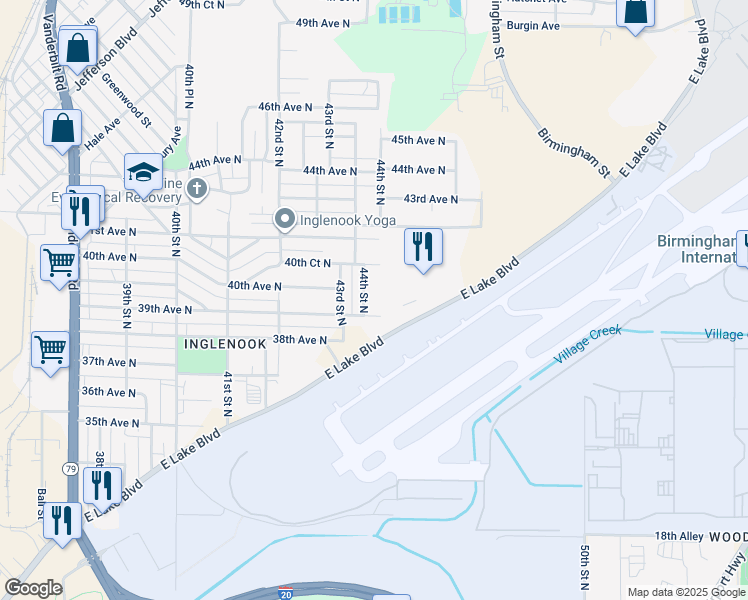 map of restaurants, bars, coffee shops, grocery stores, and more near 3917 44th Street North in Birmingham
