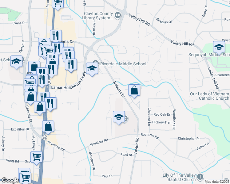 map of restaurants, bars, coffee shops, grocery stores, and more near 7125 Williamsburg Drive in Riverdale