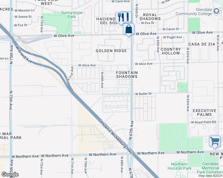 map of restaurants, bars, coffee shops, grocery stores, and more near 6817 North Camino Villa Court in Peoria