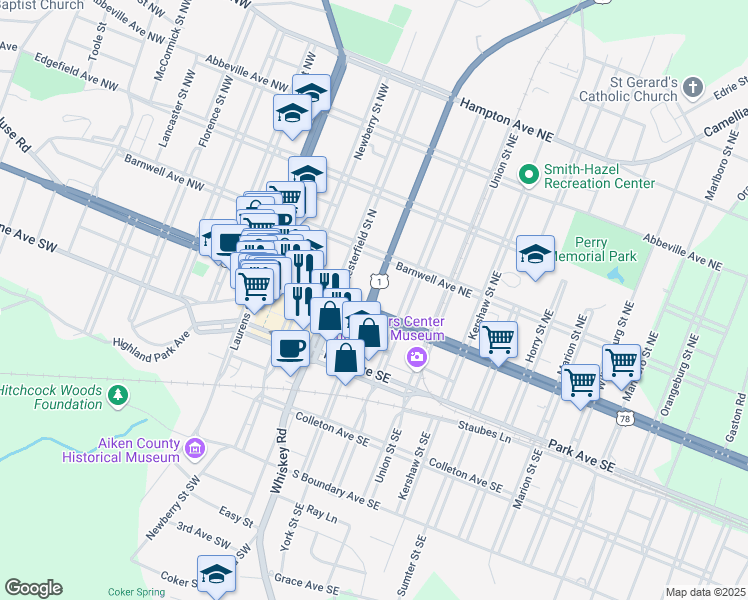 map of restaurants, bars, coffee shops, grocery stores, and more near 120 York Street Northeast in Aiken