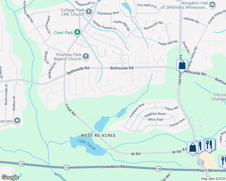 map of restaurants, bars, coffee shops, grocery stores, and more near South Hills in South Fulton
