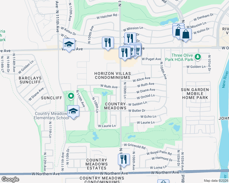 map of restaurants, bars, coffee shops, grocery stores, and more near 8675 North 107th Drive in Peoria
