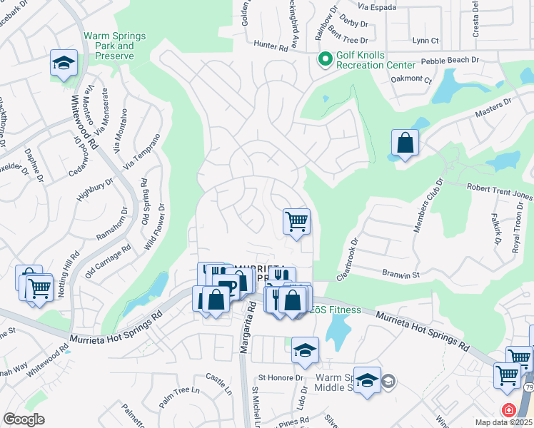 map of restaurants, bars, coffee shops, grocery stores, and more near 38570 Via Amarilla in Murrieta