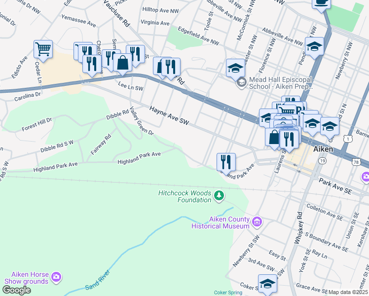 map of restaurants, bars, coffee shops, grocery stores, and more near 824 Highland Park Dr SW in Aiken