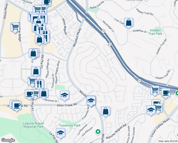 map of restaurants, bars, coffee shops, grocery stores, and more near 27684 Manor Hill Road in Laguna Niguel