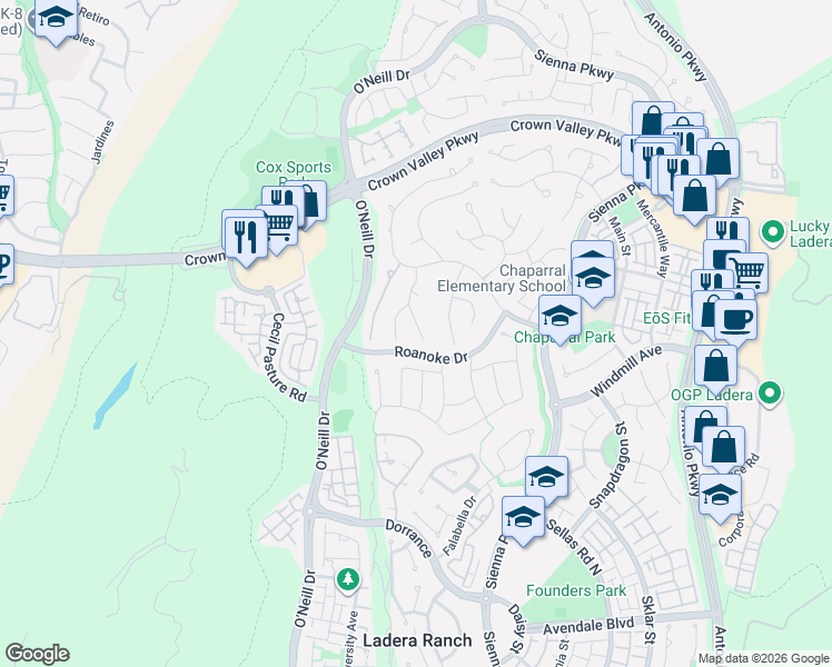 map of restaurants, bars, coffee shops, grocery stores, and more near 21 Strathmore in Ladera Ranch