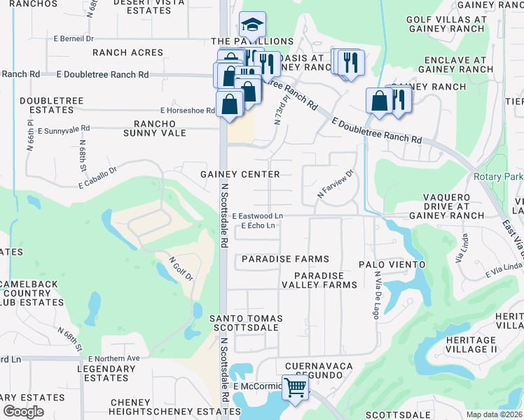 map of restaurants, bars, coffee shops, grocery stores, and more near 7284 East Vaquero Drive in Scottsdale