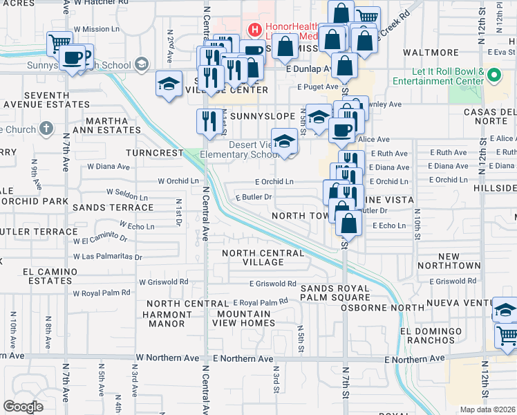 map of restaurants, bars, coffee shops, grocery stores, and more near 205 East Butler Drive in Phoenix