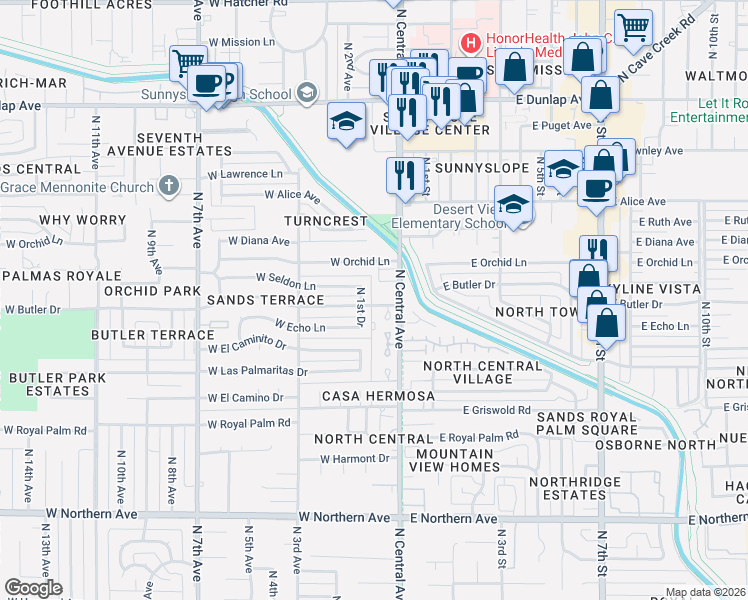 map of restaurants, bars, coffee shops, grocery stores, and more near 8511 North 1st Drive in Phoenix