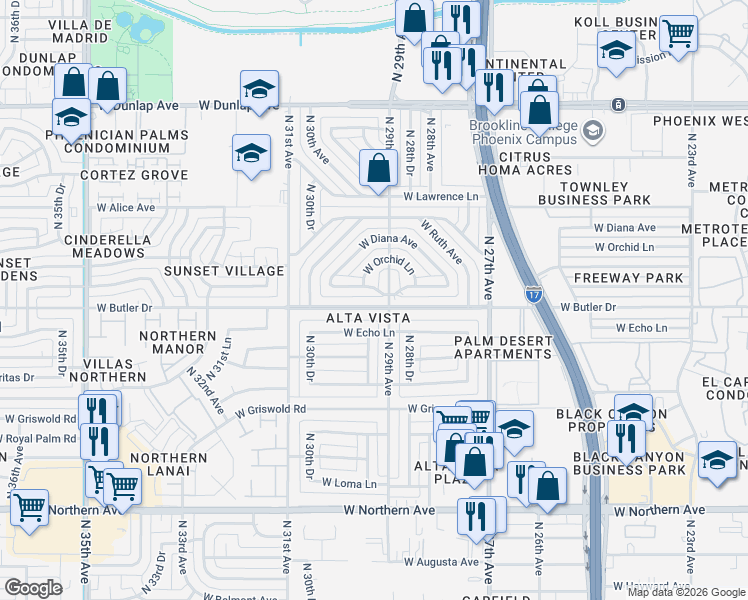 map of restaurants, bars, coffee shops, grocery stores, and more near 2911 West Seldon Lane in Phoenix
