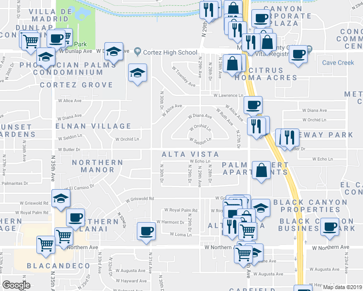 map of restaurants, bars, coffee shops, grocery stores, and more near 3005 West Seldon Lane in Phoenix