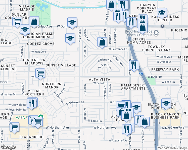 map of restaurants, bars, coffee shops, grocery stores, and more near 3005 West Seldon Lane in Phoenix