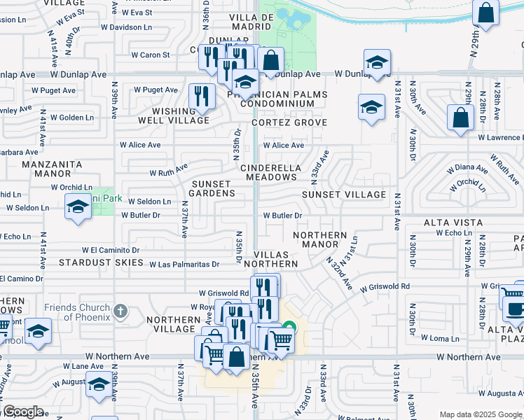 map of restaurants, bars, coffee shops, grocery stores, and more near 3433 West Seldon Lane in Phoenix