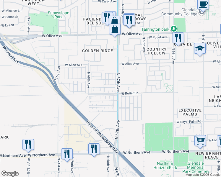 map of restaurants, bars, coffee shops, grocery stores, and more near 6753 West Orchid Lane in Peoria
